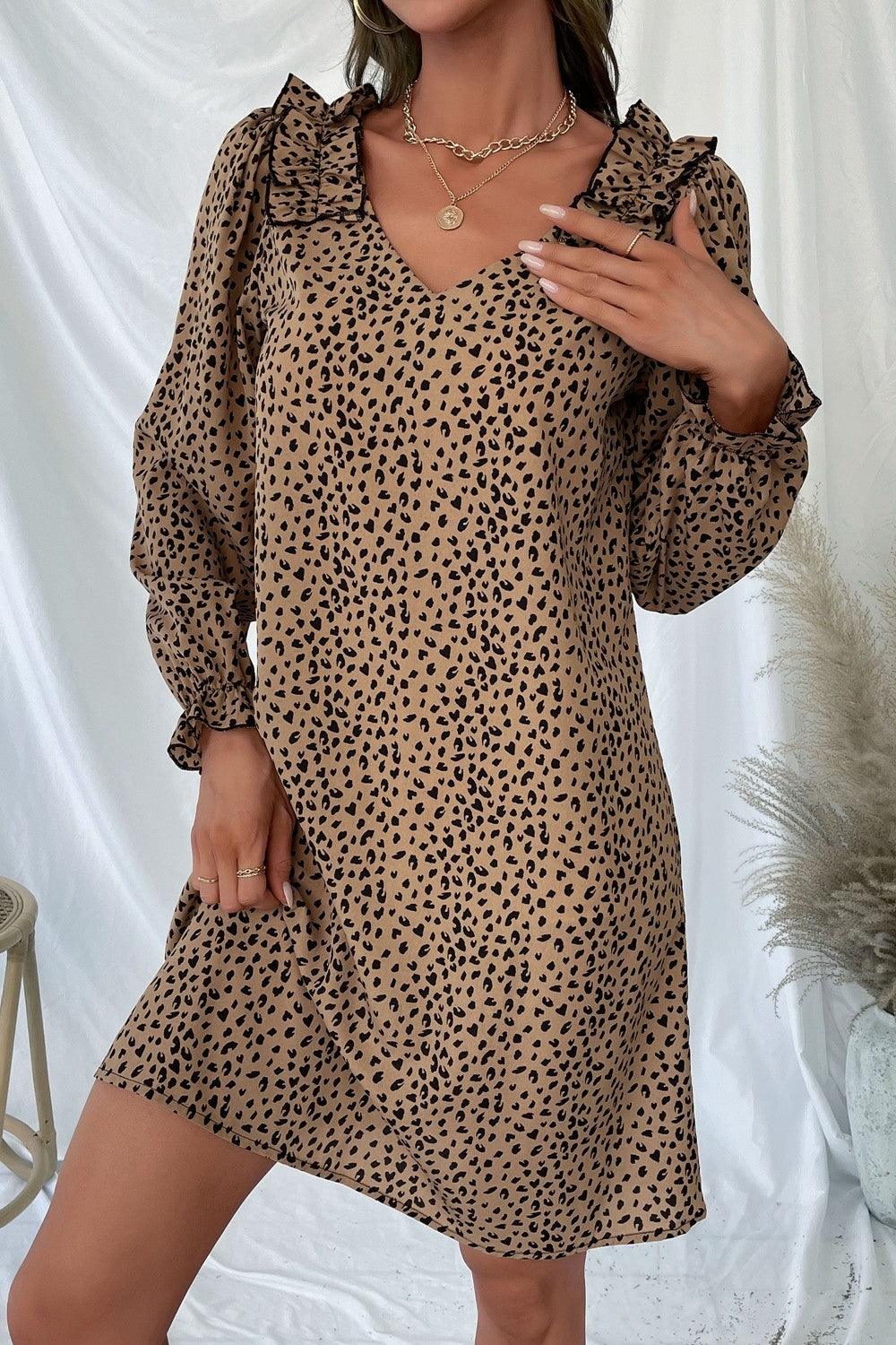 Leopard Frill Trim V-Neck Dress - Flyclothing LLC