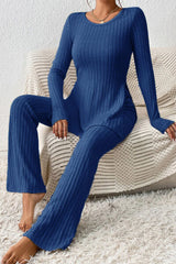 Ribbed Long Sleeve Slit Top and Bootcut Pants Set - Flyclothing LLC