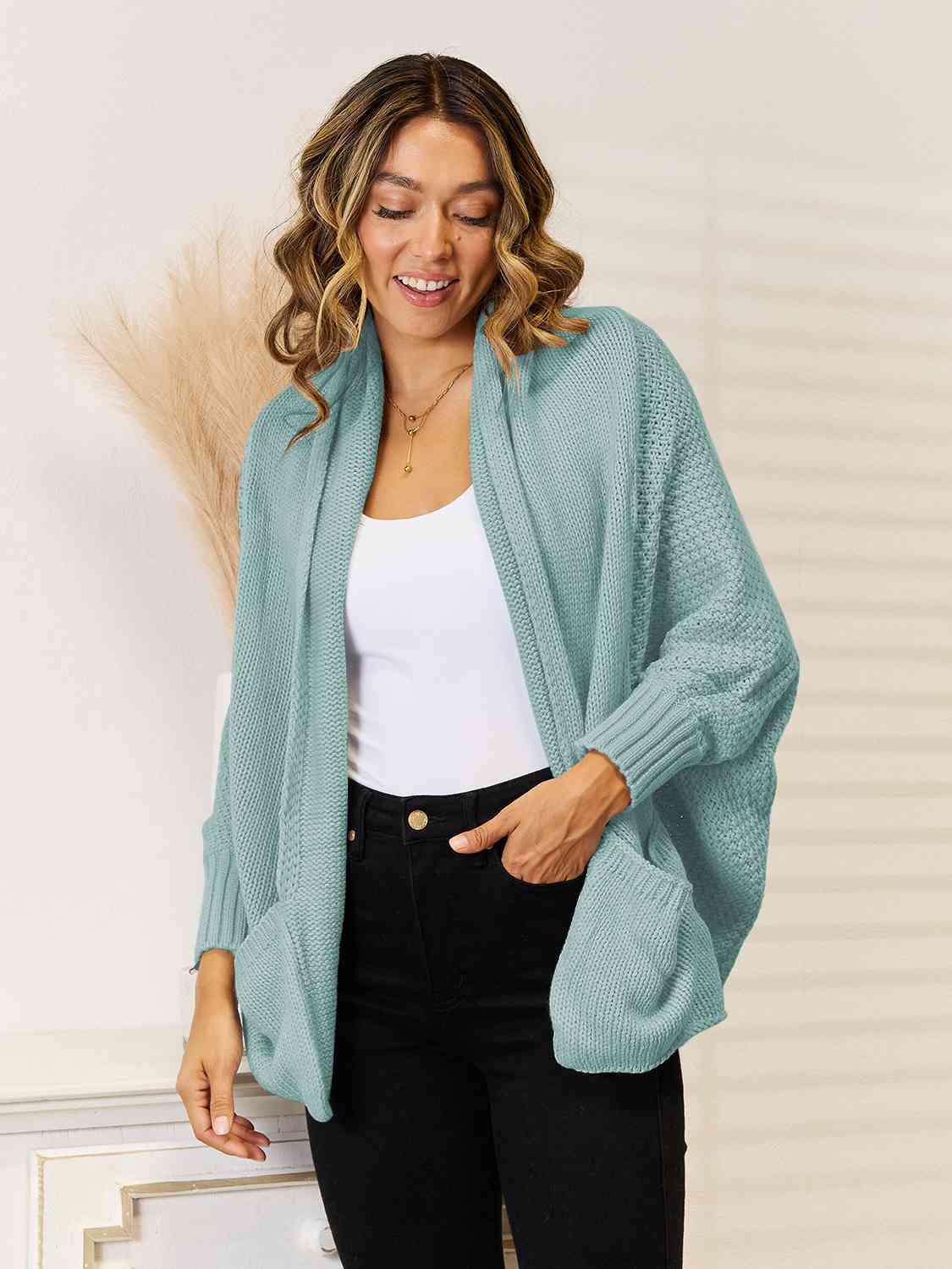 Open Front  Cardigan with Pockets - Flyclothing LLC