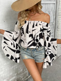 Printed Off-Shoulder Bell Sleeve Blouse - Flyclothing LLC