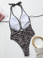 Leopard Halter Neck Ring Detail One-Piece Swimsuit - Flyclothing LLC