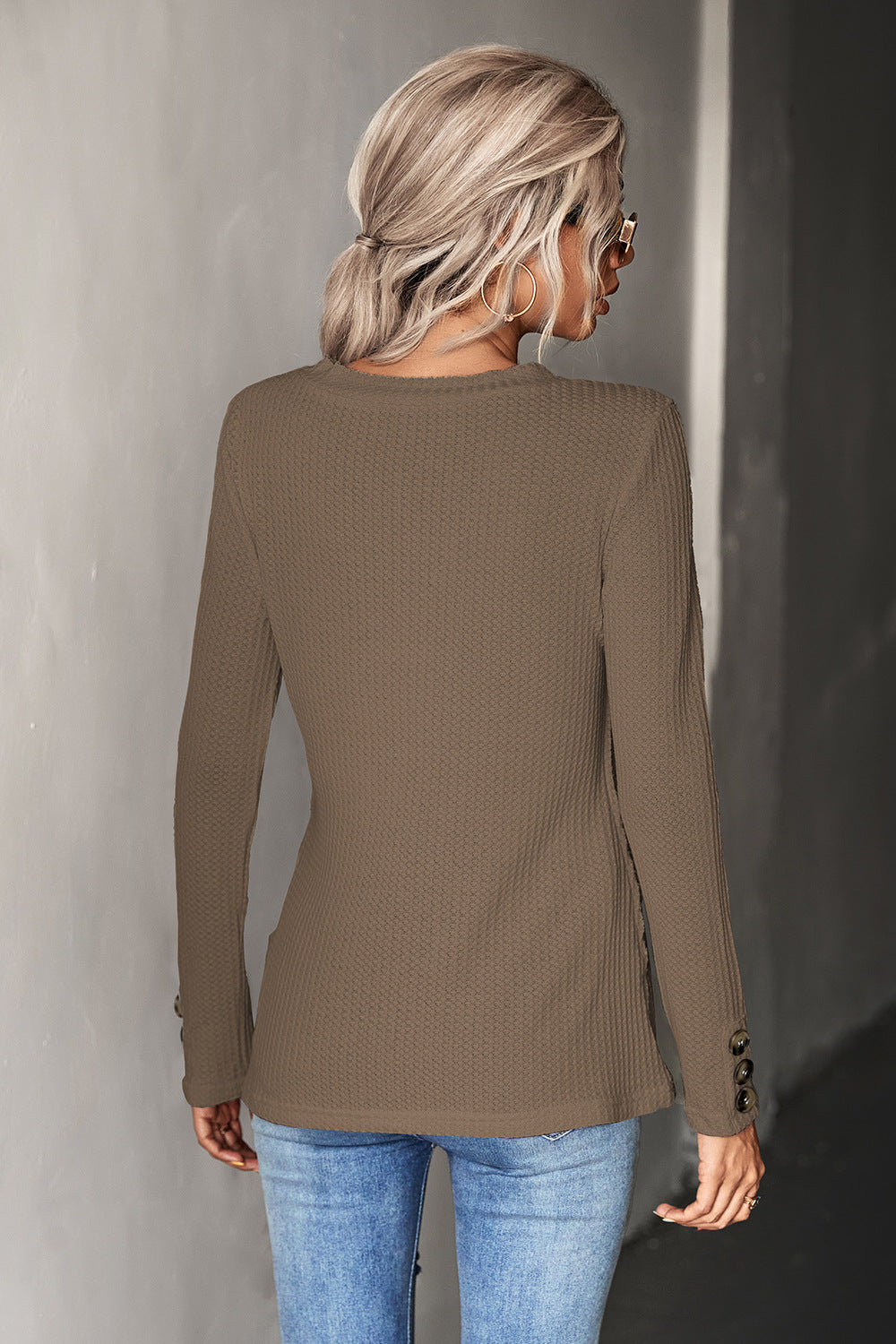 Waffle-Knit Button Detail V-Neck Top - Flyclothing LLC