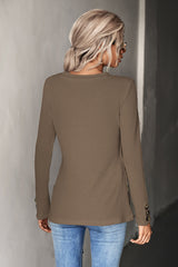 Waffle-Knit Button Detail V-Neck Top - Flyclothing LLC