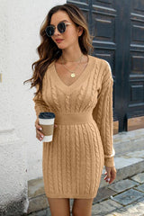 Cable-Knit V-Neck Long Sleeve Mini Sweater Dress - Trendsi