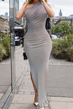 Ribbed Slit Single Shoulder Wrap Dress - Flyclothing LLC