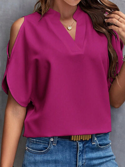 Notched Cold Shoulder Blouse - Flyclothing LLC