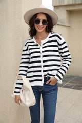 Striped Round Neck Button-Down Dropped Shoulder Cardigan - Flyclothing LLC