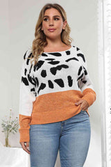 Plus Size Leopard Round Neck Long Sleeve Sweater - Trendsi