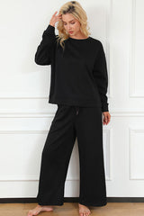 Double Take Full Size Textured Long Sleeve Top and Drawstring Pants Set - Flyclothing LLC