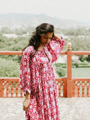 Floral Tie Neck Lantern Sleeve Dress - Flyclothing LLC