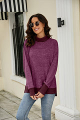 Heathered Slit High-Low Long Sleeve Top - Trendsi