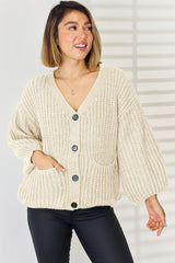 Pocketed Button Up Dropped Shoulder Cardigan - Flyclothing LLC