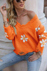 Flower Distressed Long Sleeve Sweater - Flyclothing LLC