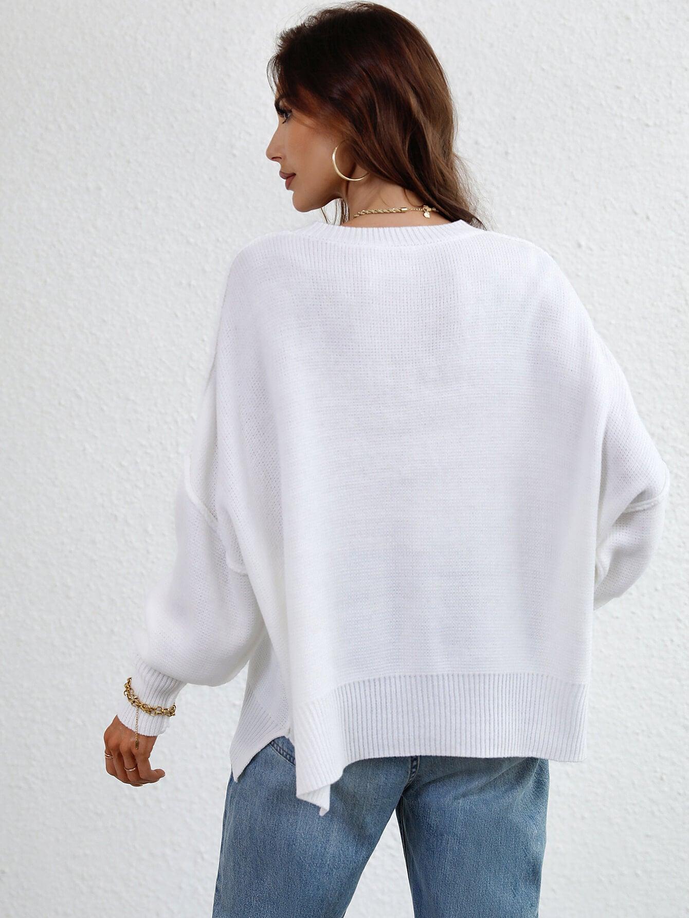 Exposed Seam Dropped Shoulder Slit Sweater - Trendsi