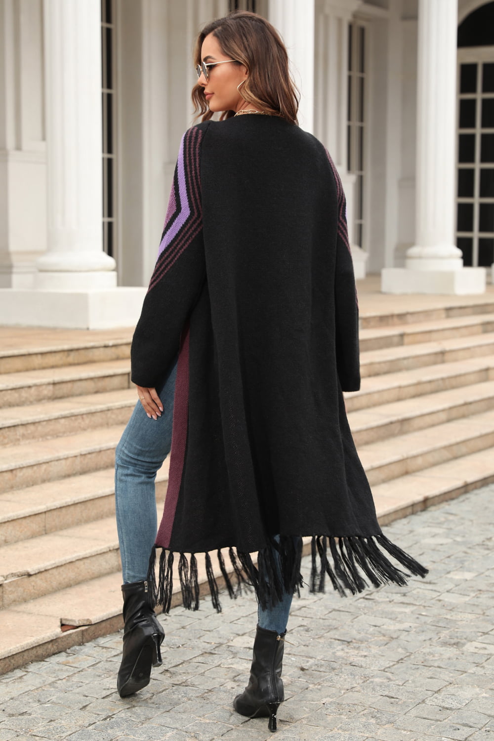 Geometric Fringe Hem Open Front Duster Cardigan - Flyclothing LLC