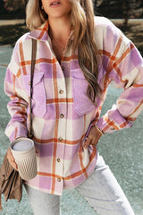 Plaid Button Up Collared Neck Long Sleeve Jacket - Flyclothing LLC