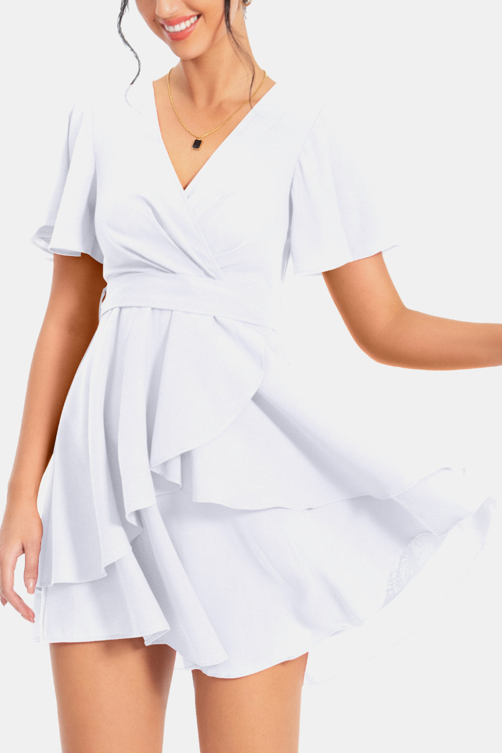 Surplice Neck Flutter Sleeve Dress - Flyclothing LLC