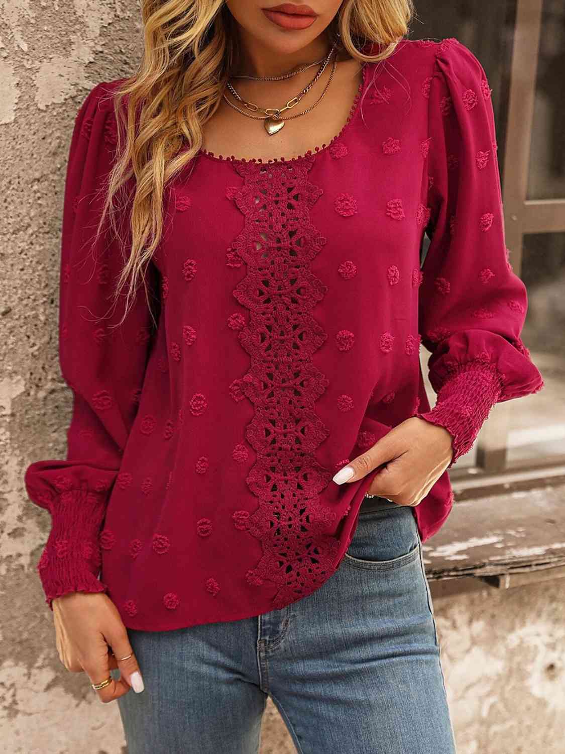 Swiss Dot Lace Detail Blouse - Flyclothing LLC