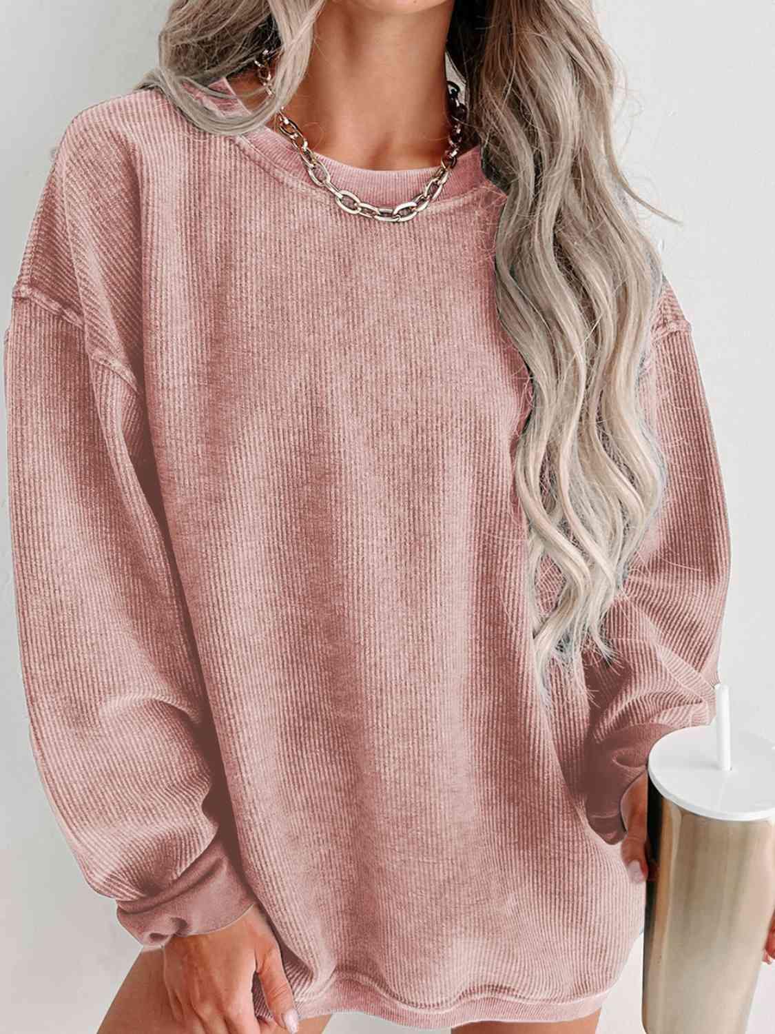 Round Neck Dropped Shoulder Sweatshirt - Trendsi