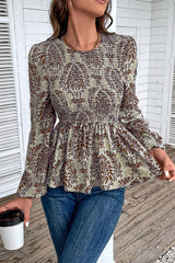 Smocked Printed Balloon Sleeve Blouse - Flyclothing LLC