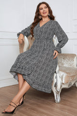 Plus Size Printed V-Neck Flounce Sleeve Midi Dress - Flyclothing LLC