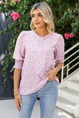 Polka Dot Round Neck Lantern Sleeve Blouse - Flyclothing LLC