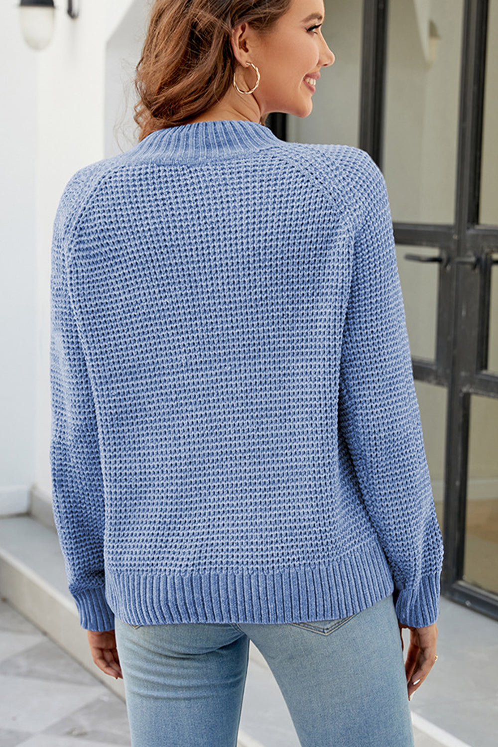 Waffle-Knit Round Neck Reglan Sleeve Sweater - Flyclothing LLC