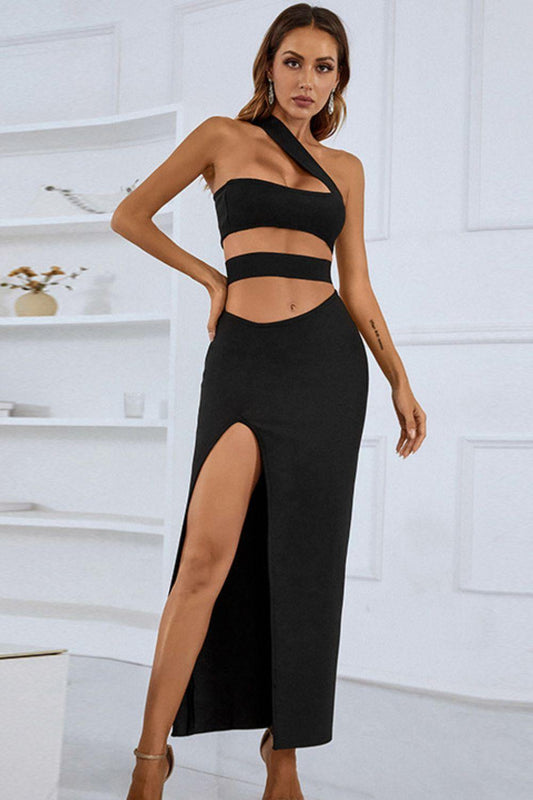 One-Shoulder Cutout Front Split Maxi Dress - Flyclothing LLC