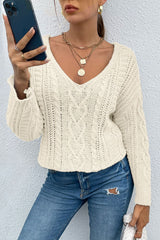 V-Neck Cable-Knit Long Sleeve Sweater - Flyclothing LLC