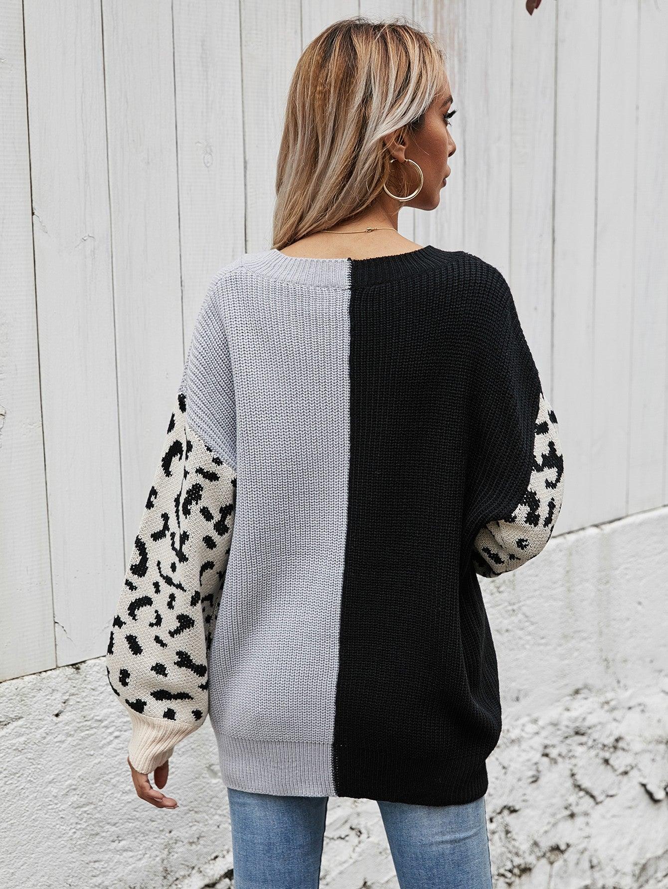 Leopard Color Block V-Neck Tunic Pullover Sweater - Flyclothing LLC