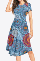 Printed Round Neck Short Sleeve Dress with Pockets - Flyclothing LLC