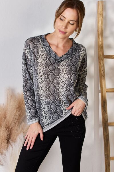 Hailey & Co Full Size Snakeskin V-Neck Long Sleeve Top - Flyclothing LLC