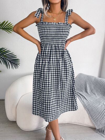 Frill Plaid Square Neck Midi Dress - Flyclothing LLC