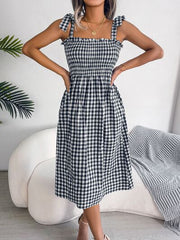 Frill Plaid Square Neck Midi Dress - Flyclothing LLC