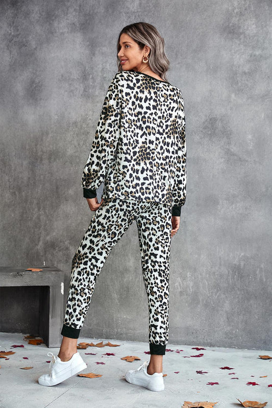 Leopard V-Neck Dropped Shoulder Loungewear Set - Trendsi