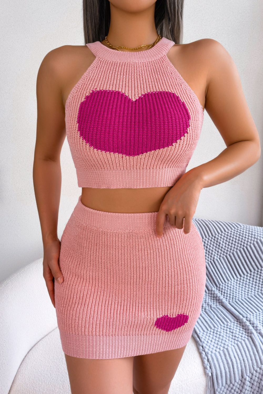 Heart Contrast Ribbed Sleeveless Knit Top and Skirt Set - Flyclothing LLC