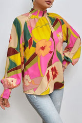 Floral Smocked Lantern Sleeve Mock Neck Blouse - Flyclothing LLC