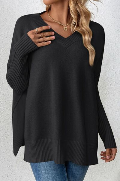 Slit V-Neck Dropped Shoulder Sweater - Flyclothing LLC