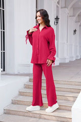 Drawstring Flounce Sleeve Shirt and Pants Set - Flyclothing LLC