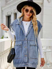 Hooded Sleeveless Denim Top with Pockets - Flyclothing LLC