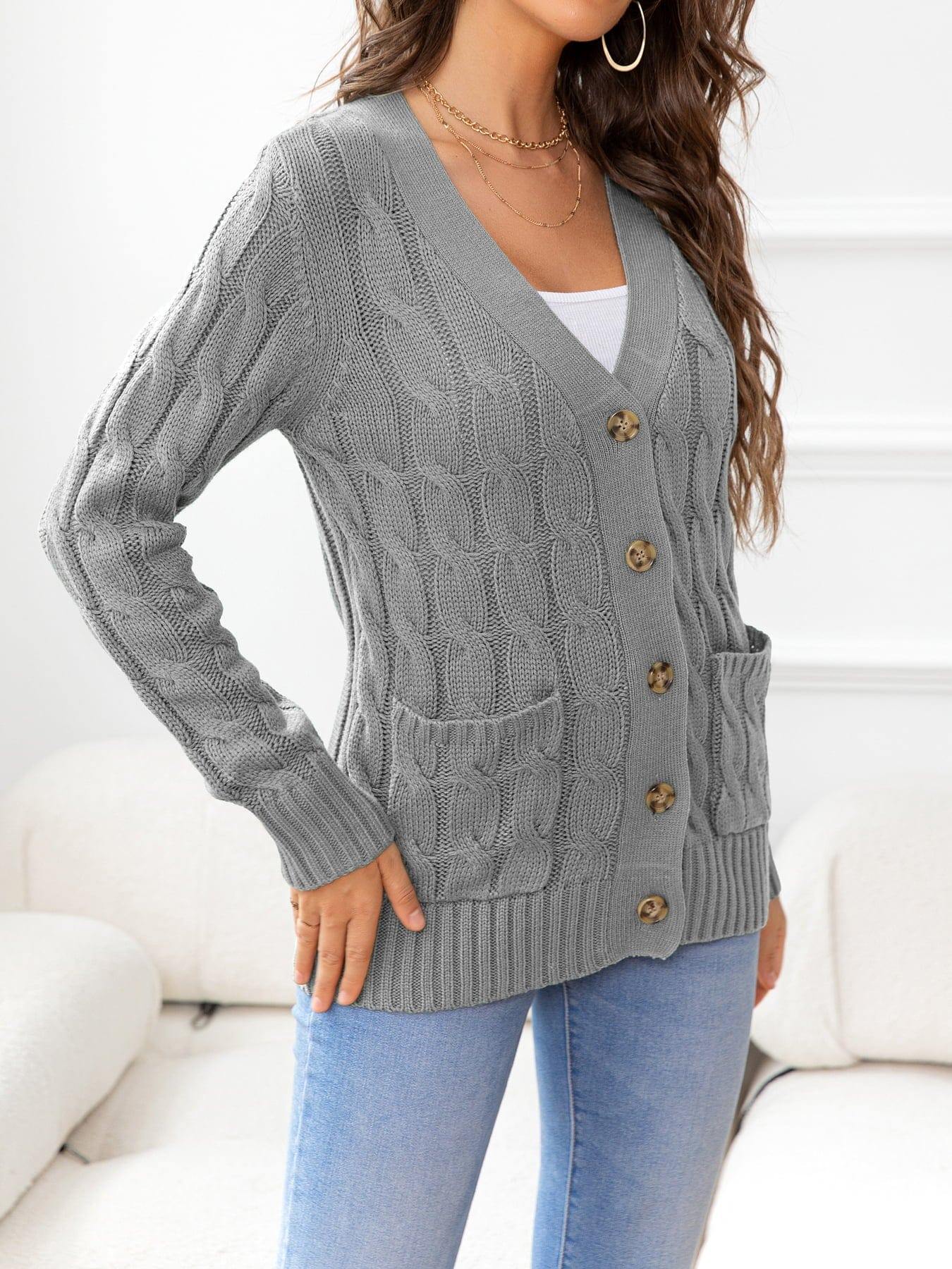 Button Down Cable-Knit Cardigan - Trendsi