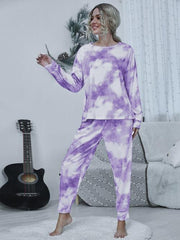 Tie-dye Round Neck Top and Drawstring Pants Lounge Set - Flyclothing LLC