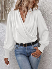 Surplice Smocked Lantern Sleeve Blouse - Flyclothing LLC