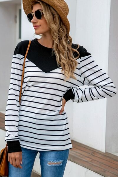 Striped Round Neck Long Sleeve T-Shirt - Flyclothing LLC