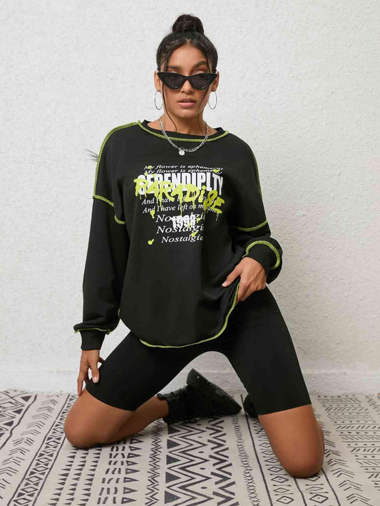 Graphic Round Neck Sweatshirt - Trendsi