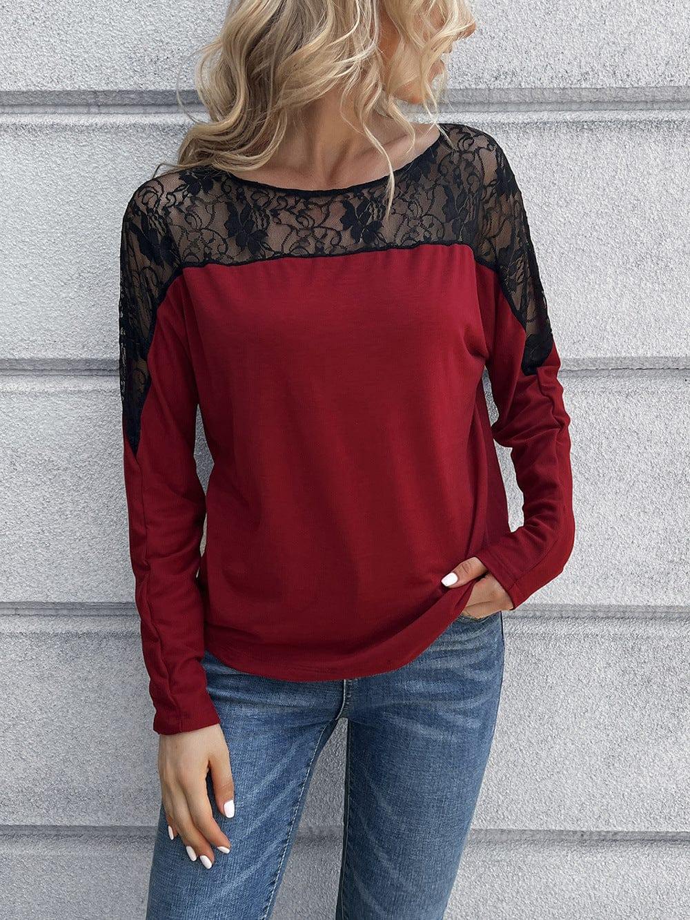 Lace Long Sleeve Round Neck Tee - Trendsi