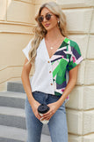 Printed Surplice Short Sleeve Blouse - Flyclothing LLC