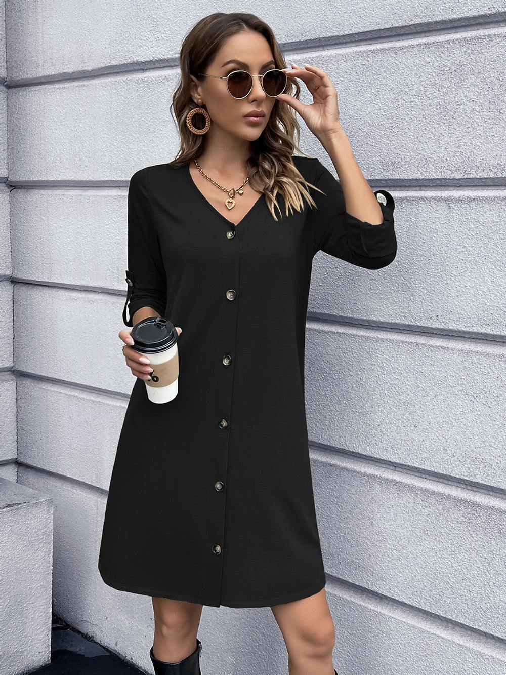 Button Down V-Neck Mini Dress - Flyclothing LLC