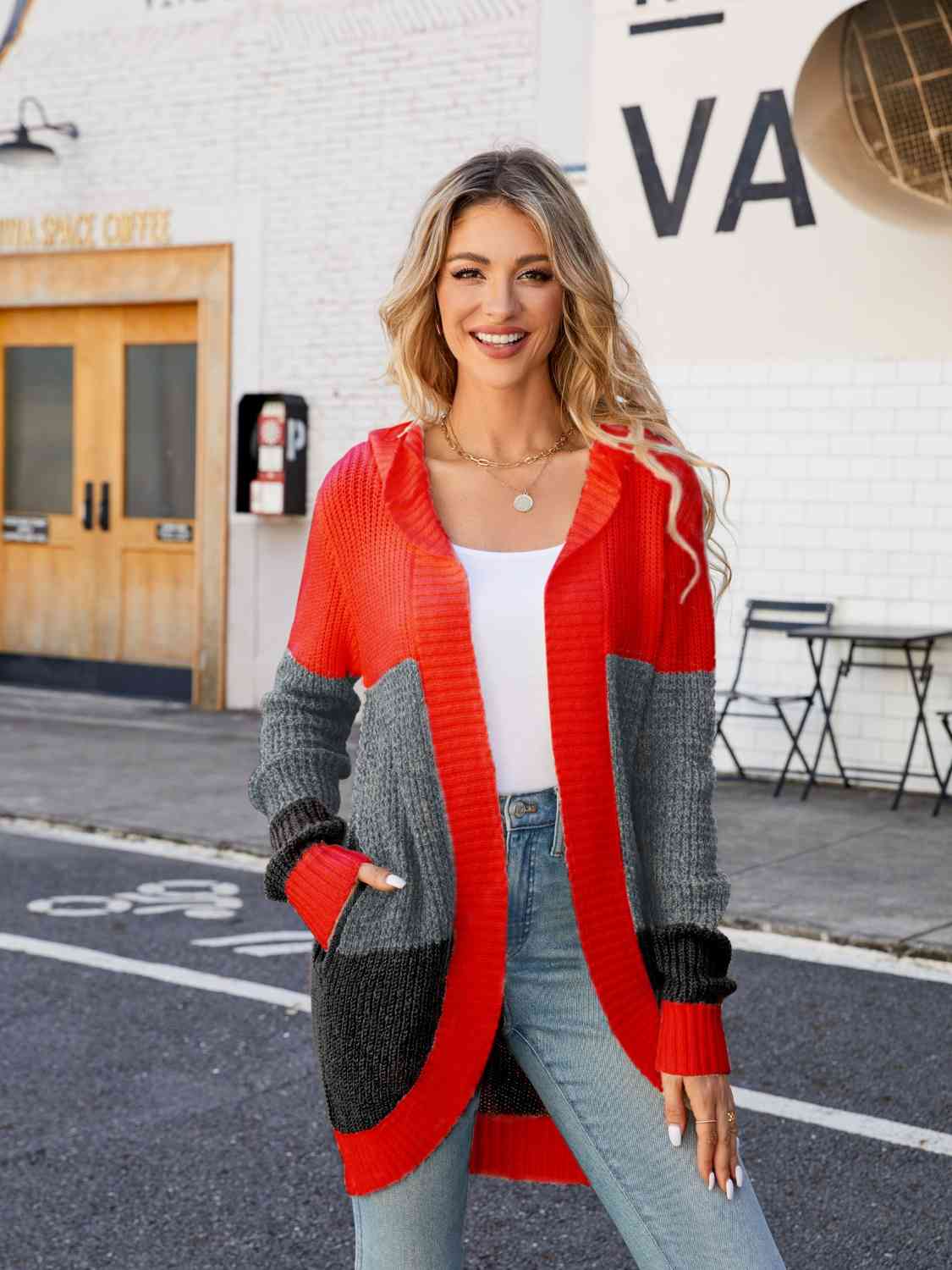 Color Block Open Front Hooded Cardigan - Trendsi