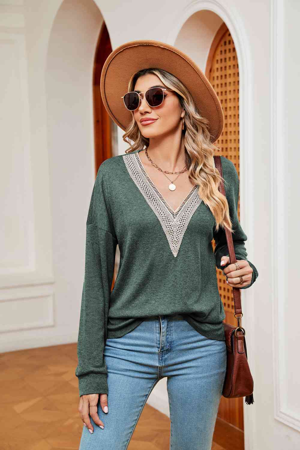 Contrast V-Neck Long Sleeve Blouse - Trendsi